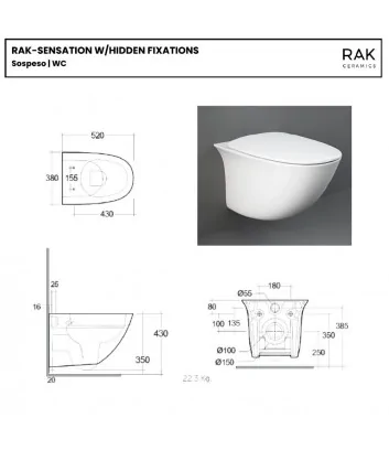 dimensions of Rak Sensation series wall-hung toilet