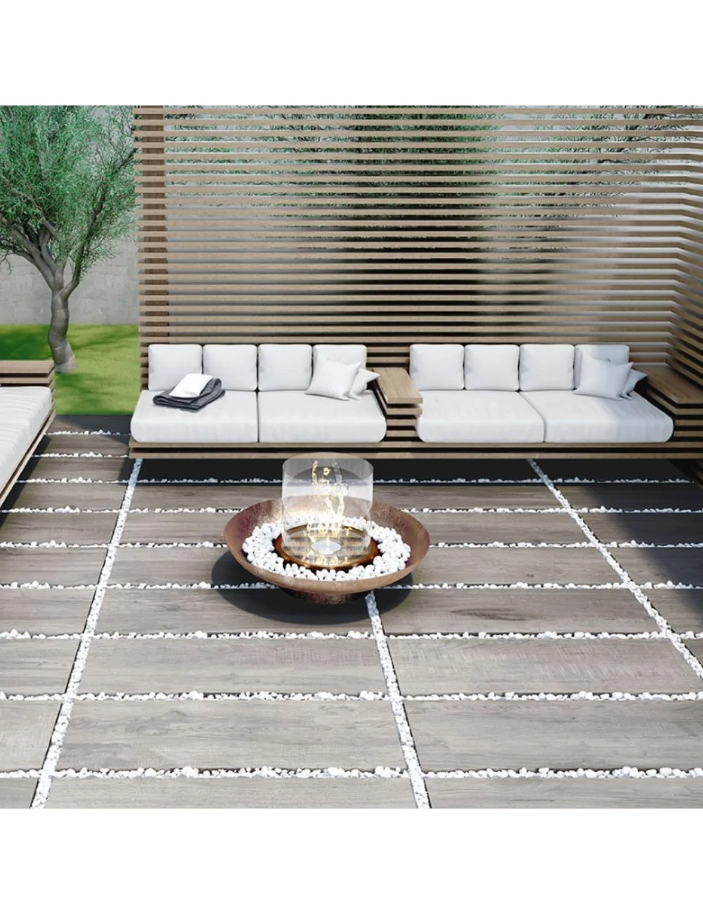 outdoor flooring with grey-coloured outdoor tiles from the north wind line