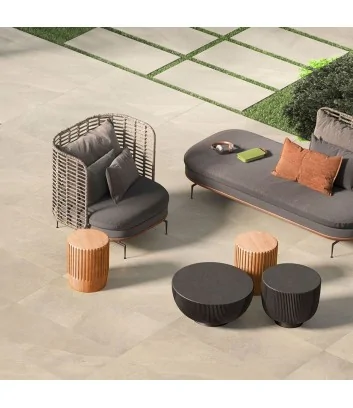 Outdoor flooring with 20 mm slash line tiles in almond colour