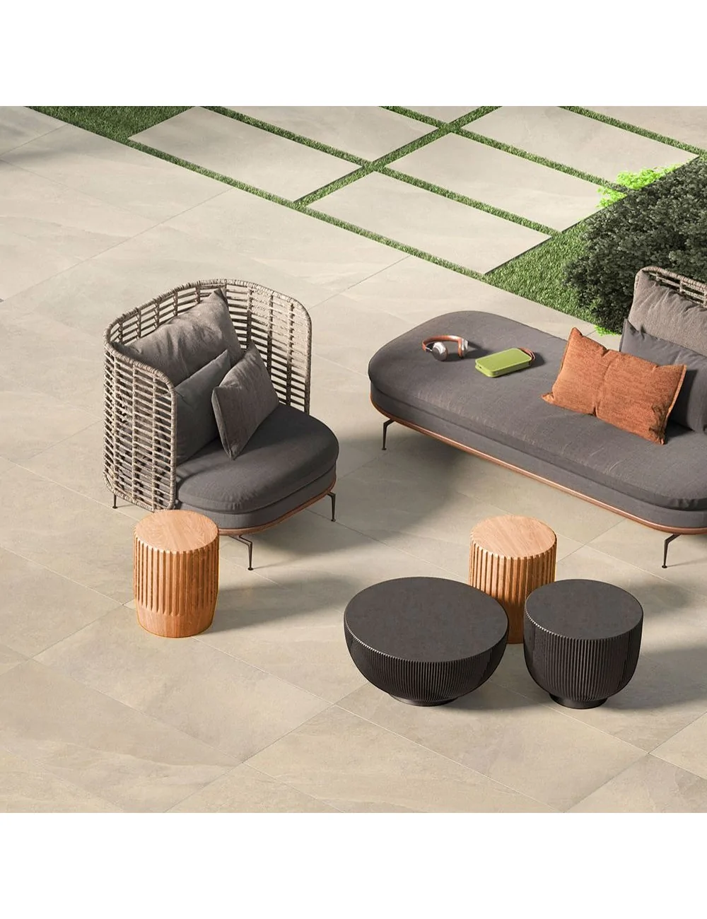 sol extérieur avec carreaux 20 mm ligne slash couleur almond