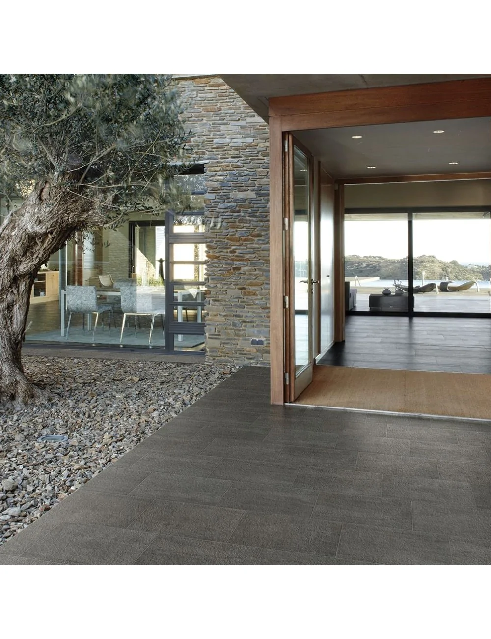 sol extérieur avec carreaux effet pierre ligne Kaleido roc gris naturel