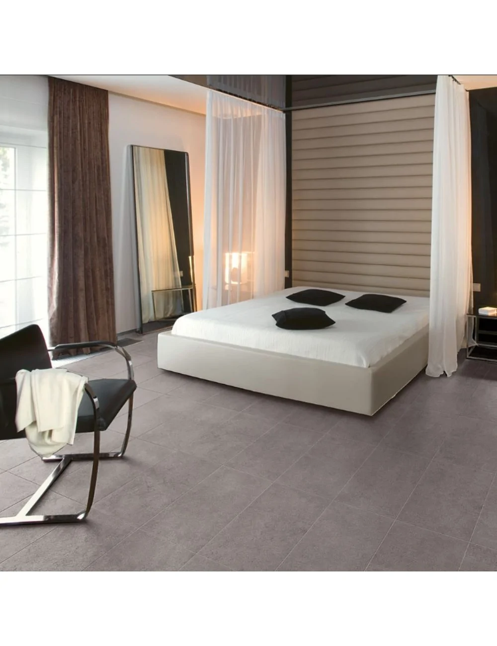 neutra dove grey natural rectified in bedroom