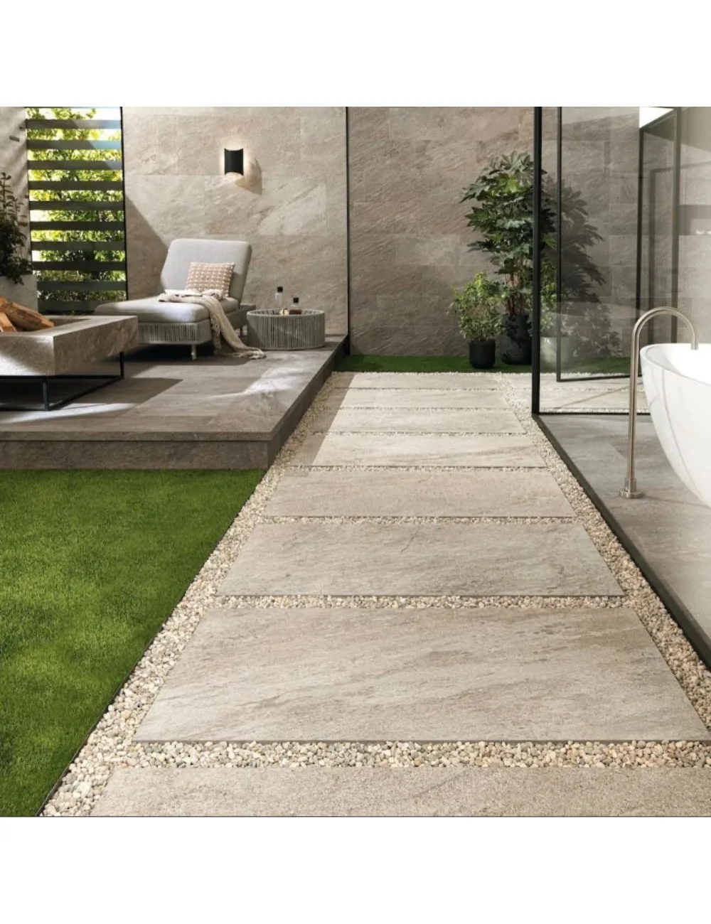 passaggio esterno con piastrella effetto pietra 2 cm norde platino - atlas