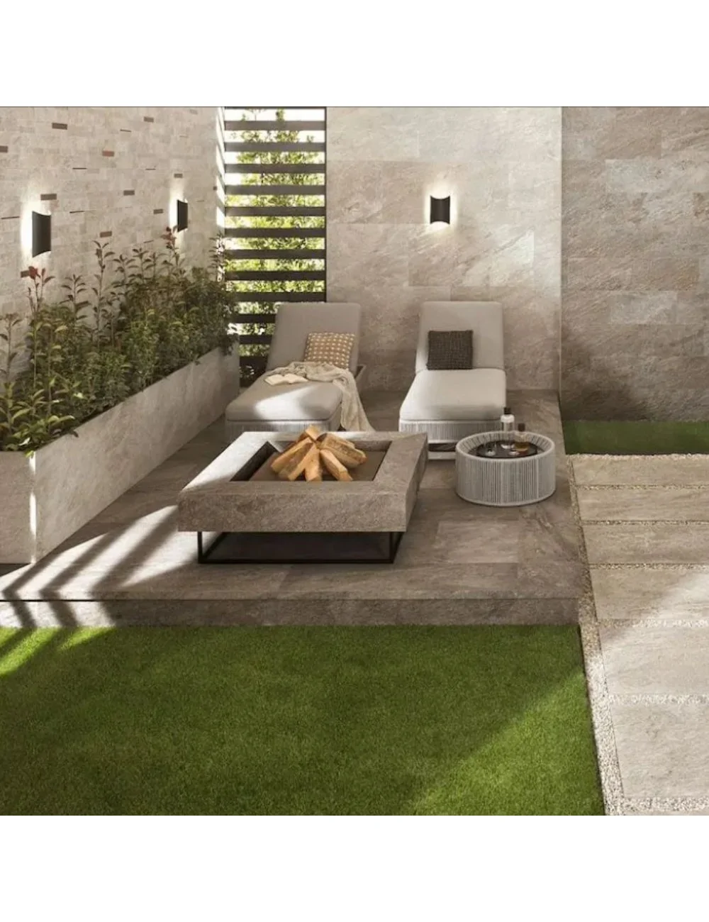 Outdoor paving with lead-coloured stone-effect tiles from the Norde range