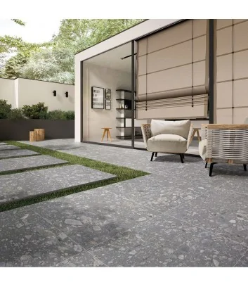 area perimetrale esterna con piastrella 2 cm grestone grey ad effetto terrazzo veneziano - saime ceramiche