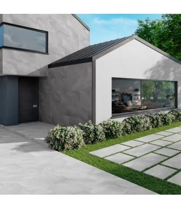 outdoor paving with grey titano line stone-effect tiles