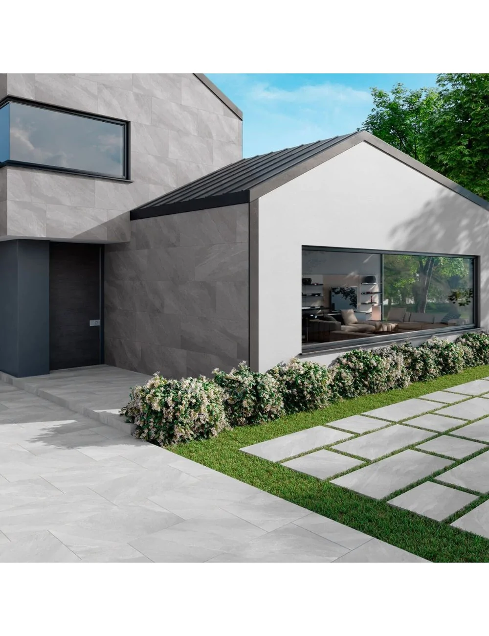 outdoor paving with grey titano line stone-effect tiles