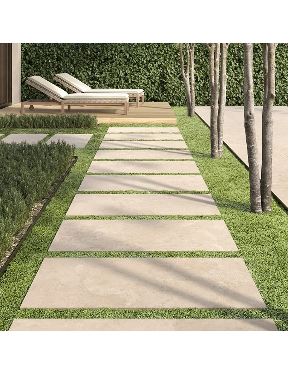 allée pavée de dalles d'extérieur effet pierre couleur crosscut beige ligne travertino