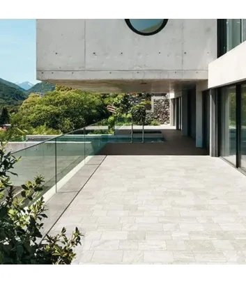 outdoor paving with crosscut grey travertino line stone-effect tiles