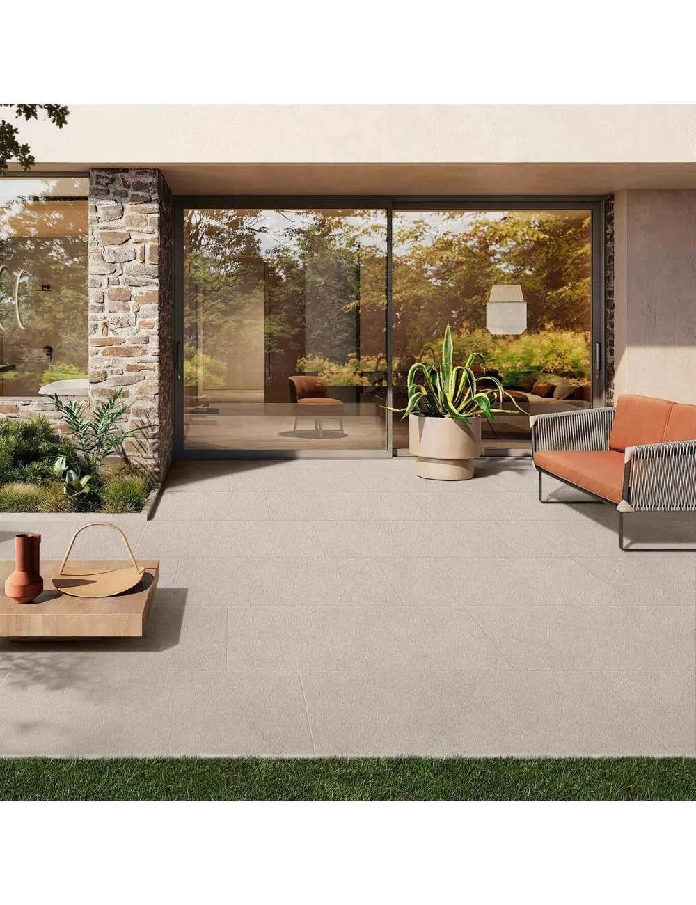 cortile esterno con piastrella effetto pietra 2 cm color perla linea arenite