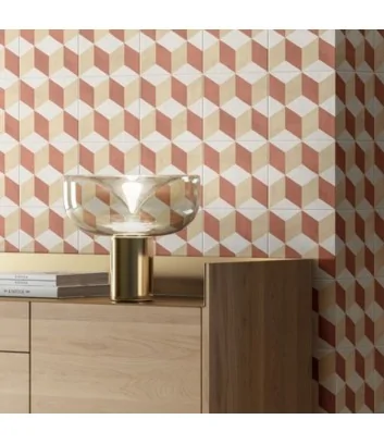 muro con piastrella cementina cubo tramonto crema linea terra art