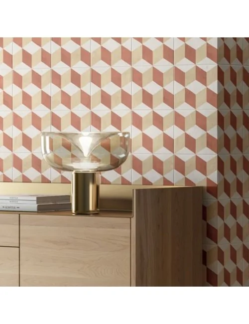mur carrelé de ciment, motif Cubo Tramonto Crema de la gamme Terra Art