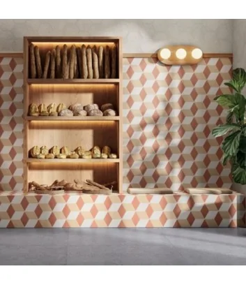 rivestimento con piastrella esagonale cubo tramonto crema linea terra art di Marca Corona