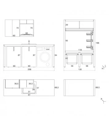 dimensions du meuble de buanderie, composition Wash 01, bleu clair, salles de bains