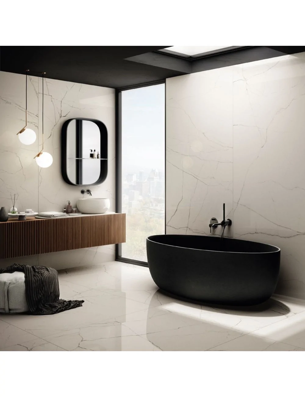 the room statuario marble effect with little vein in bathroom floor