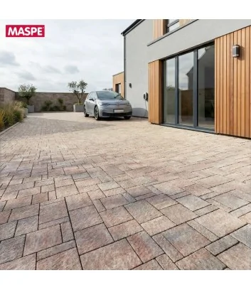 Cortile con pavimento da esterno autobloccanti filtranti Maspe texxa rock foglia d'autunno Cortile con pavimento da esterno autobloccanti filtranti Maspe texxa rock foglia d'autunno