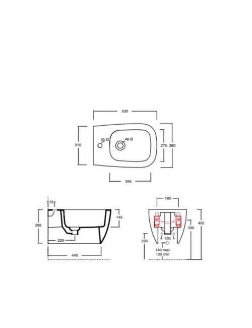 scheda tecnica bidet sospeso linea Wunder di Alice Ceramica