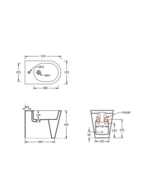 scheda tecnica bidet a terra della serie Hide Round di Alice Ceramica
